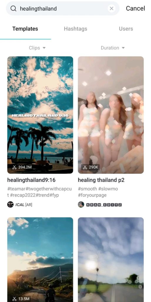 Image shows how to search for Healing Thailand in CapCut App